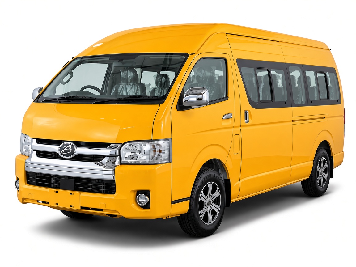 Yellow Buckets diesel minibus, front view