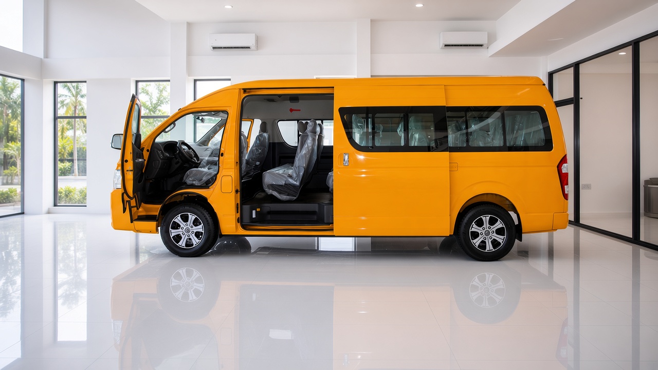 Buckets CNG School Bus in the showroom, side door open